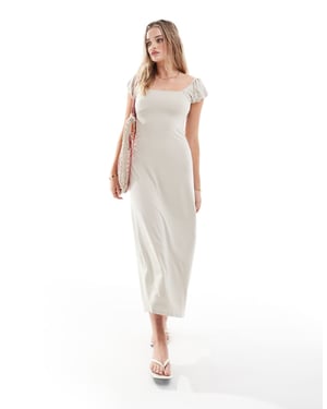 ASOS DESIGN puffärmad klänning med fyrkantig halsringning i midi-längd i stenblandning
