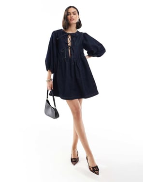 ASOS DESIGN denim puff sleeve dress in indigo