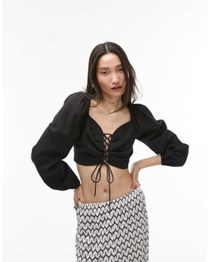 Topshop – Svart topp med långa ärmar och snörning
