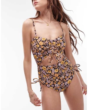 Topshop cut out ruche side swimsuit in brown ditsy floral print