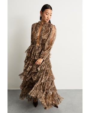 Petite Ruffle Neck Tulle Maxi Dress