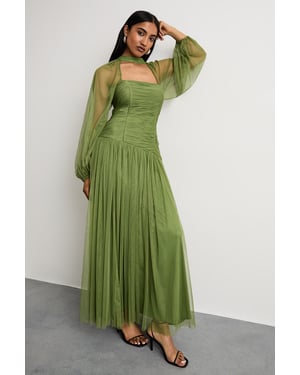 Bow Detail Gathered Tulle Maxi Dress with Open Neck