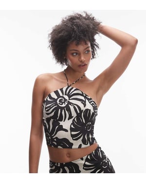 Topshop Tall – Höghalsad soltopp i satin med halterneck och enfärgat, ormbunkemönster, del av set