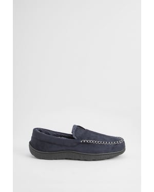 Navy Faux Fur Lined Moccasin Slippers