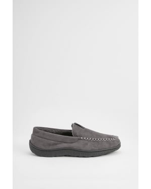 Grey Faux Fur Lined Moccasin Slippers