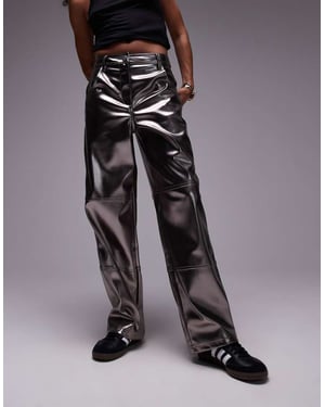 Topshop straight leg metallic faux leather trouser in gunmetal
