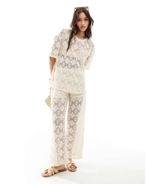 JDY crochet wide leg trouser co-ord with short inscert in stone