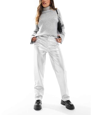 ASOS DESIGN faux leather straight leg trousers in silver