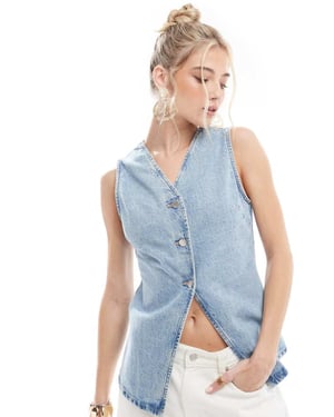 ASOS DESIGN waistcoat with cinch waist in lightwash blue