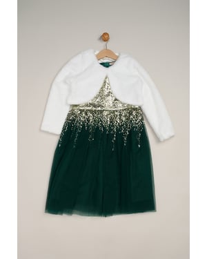 Sequin Waterfall Dress With Fur Bolero Outfit Set