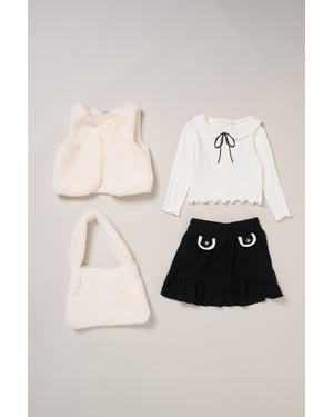 Faux Fur Gilet, Bag, Rib Top and Skirt Set