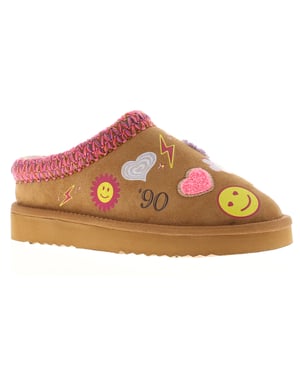 Miss Riot Girls Slippers Mules Chunky Sole Faux Fur Lining Smiles tan