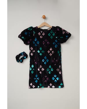 Sequin Shift Dress and Matching Scrunchie Outfit Set