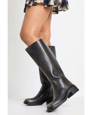Chunky Square Toe Harness Detail Knee High Boots
