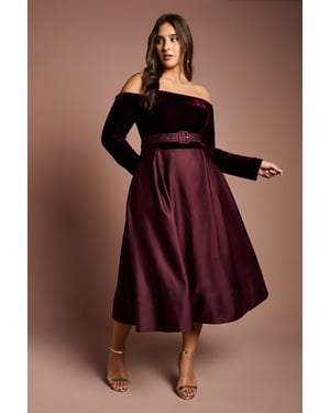 Plus Size Long Sleeve Bardot Full Skirted Midi Dress