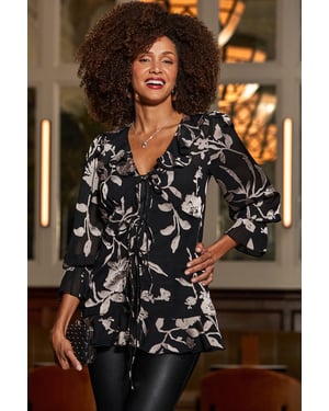 Black Shimmering Floral Print Ruffle Blouse