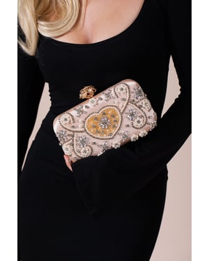Embellished Heart Clutch Bag In Gold
