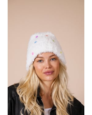 Fluffy Beanie with Multicolour Buttons