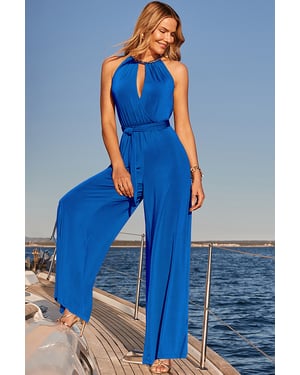 Cobalt Blue Halter Neck Jumpsuit With Gold Chain Detail