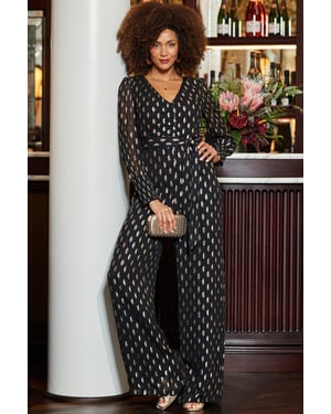 Black & Gold Spot Print Wide Leg Jumpsuit