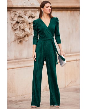 Emerald Green Plisse Wrap Front Jumpsuit