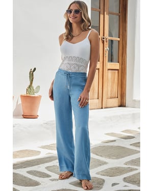 Light Wash Denim Drawstring Wide Leg Trousers With Pocket Detail