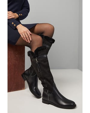 Good For The Sole: Lucia Faux Leather Fur Trim Side Zip Flat Knee Boots