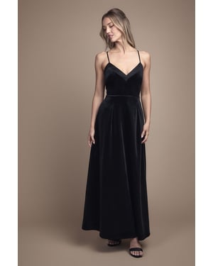 Velvet V Neck Strappy Low Back and Bow Detail Maxi Bridesmaid Dress