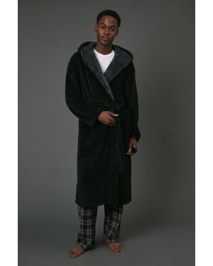 Black Contrast Sherpa Hooded Dressing Gown