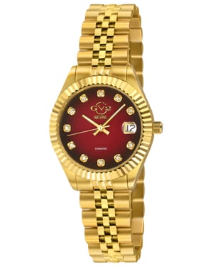 Swiss Quartz Diamond Naples Red Dial Yellow Gold Watch
