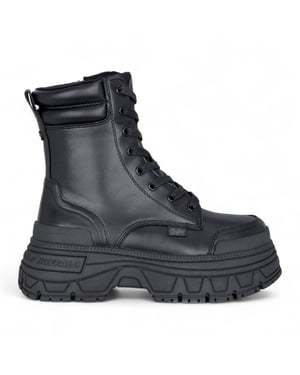Buffalo Dames Zwarte Chunky Platform Veterschoenen Mid High Combat Boots - Fusion