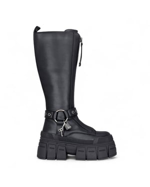 Buffalo Dames Biker Kniehoge Zwarte Chunky Goth Platform Laarzen - Gospher Hi