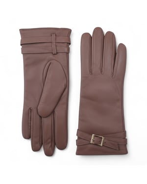 Womens Nude Beige Italian Leather Soft Wool Lining Winter Buckle Driving Gloves