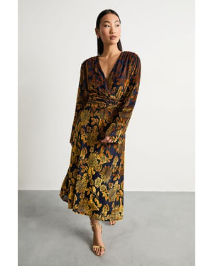 Petite Devore Plunge Neck Knot Waist Balloon Sleeve Midi Dress