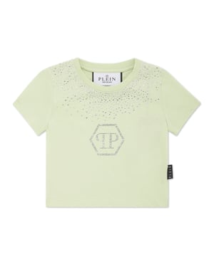 Kort T-shirt med rund halsringning i strass, sexkantig design