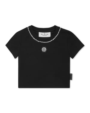 Kort T-shirt med strass-motiv och rund halsringning