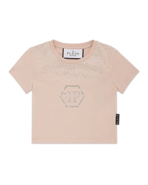 Kort T-shirt med rund halsringning i strass, sexkantig design