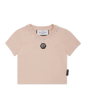 Kort T-shirt med strass-motiv och rund halsringning