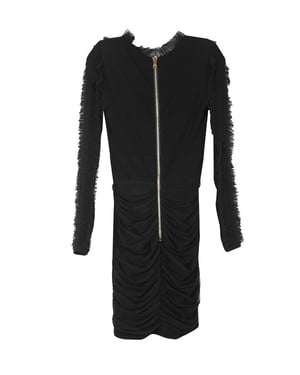 Balmain Black Viscose With Ruffled Tulle Trims V-Neck Long Sleeves Mini Dress