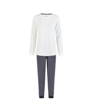 By Louise Dames winter pyjama set lang badstof wit/donkerblauw gestreept