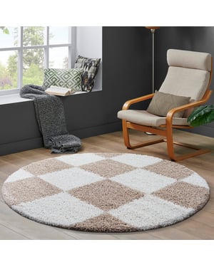 Muratap Milano geblokt hoogpolig rond vloerkleed modern creme- 150 cm rond