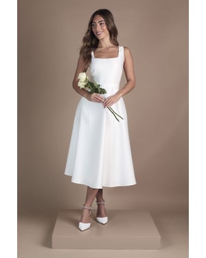 Belted Twill Midi Wedding Dress