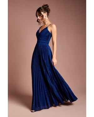 V neck Cami Shimmer Pleated Maxi Dress