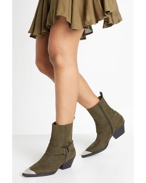 Faux Suede Silver Toe Cap Western Ankle Cowboy Boots