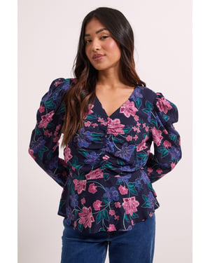 Petite Blue Floral Button Detail Printed Peplum Blouse