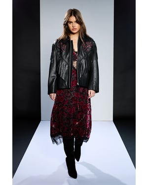 Runway 1.8.1.8 Leather Rose Detail Fringed Jacket