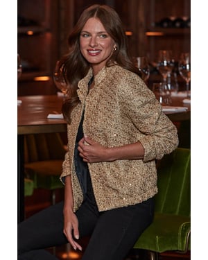 Gold Embellished Boucle Bomber Jacket