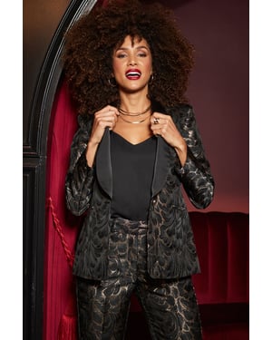 Black & Gold Metallic Jacquard Satin Trim Blazer
