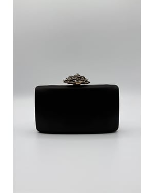 Satin Clutch Bag with Rose Jewel in Black
