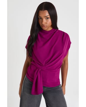 Hammered Knot Front Cowl Neck Blouse